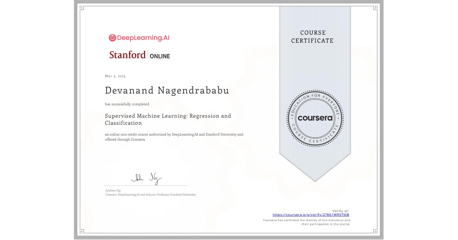Supervised Machine Learning: Regression and Classification  course thumbnail